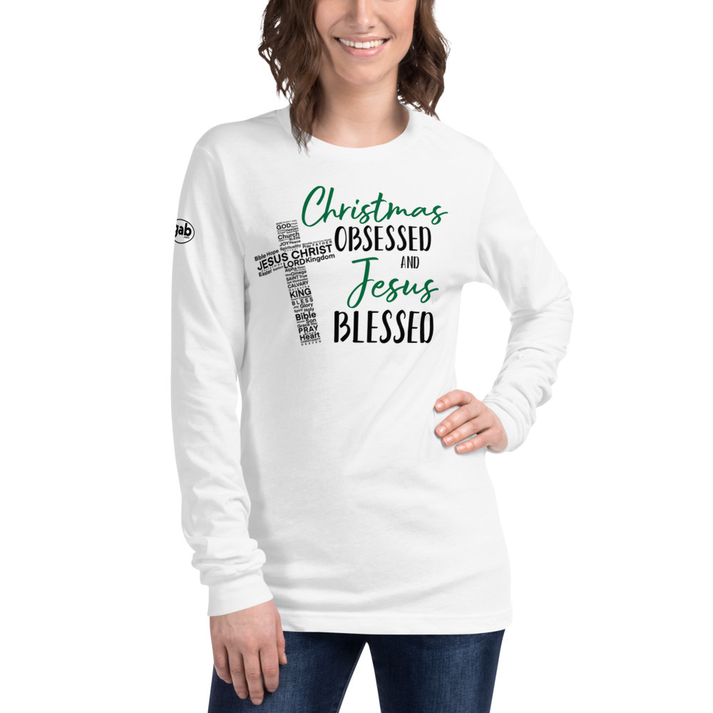Christmas Obsessed and Jesus Blessed Women's Long Sleeve - White / XL