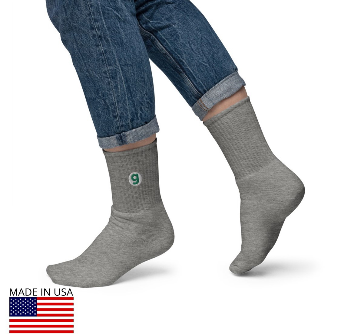 Green G Embroidered Socks - Heather Grey / L/XL