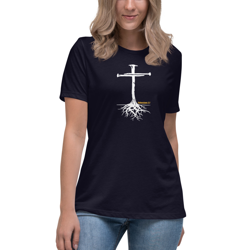 Colossians 2:7 Women's Relaxed T-Shirt - Navy / M